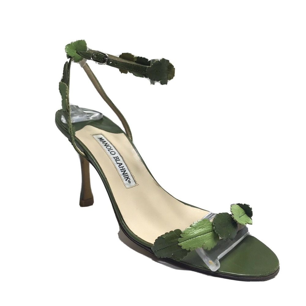 Manolo Blahnik Heel Sandals Green Leaf Wreath - Picture 3 of 10